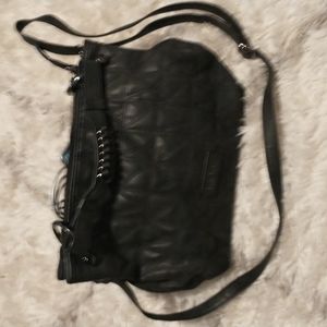 Nicole Miller NY slate grey leather quilted handbag w metallic embellishments